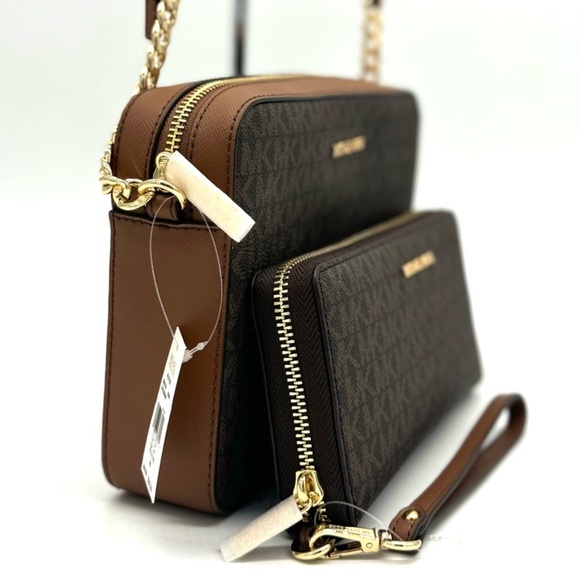 Michael Kors Large EW Crossbody Bag w Matching Continental Wallet Set Brown/Gold - Picture 4 of 13